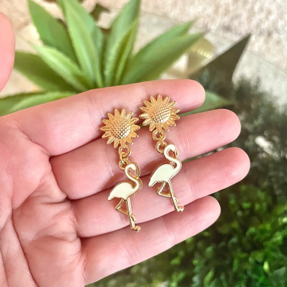 Gold Floral Flamingo Earrings - Picture 2 of 4